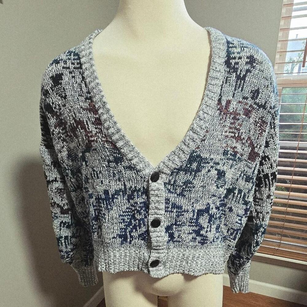Method vintage 90s y2k gray blue maroon abstract knit cardigan M grandpa